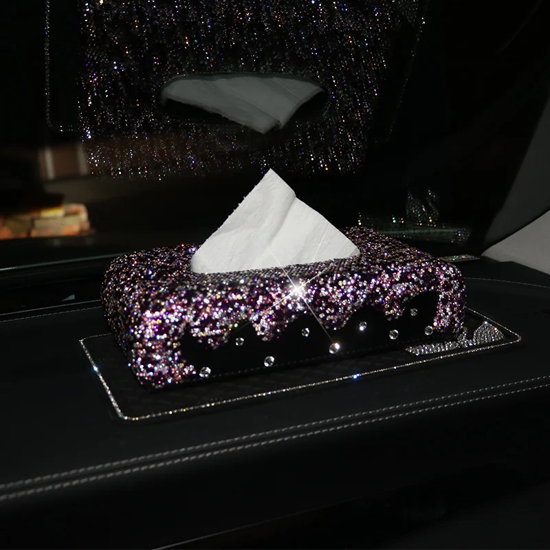 Colorful Diamante Crystal Car Tissue Box Luxury Leather with Crystal Rhinestone Paper Tower Storage Women