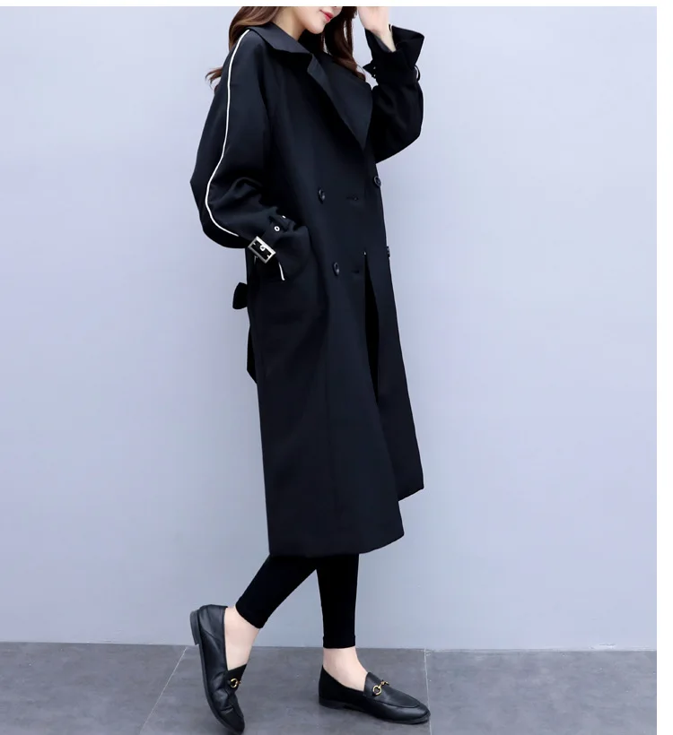 Trench Coat for Women Streetwear Double Breasted Turn-down Collar Spring/Autumn Coat Women's Overcoat with Pocket - Цвет: Casual Black