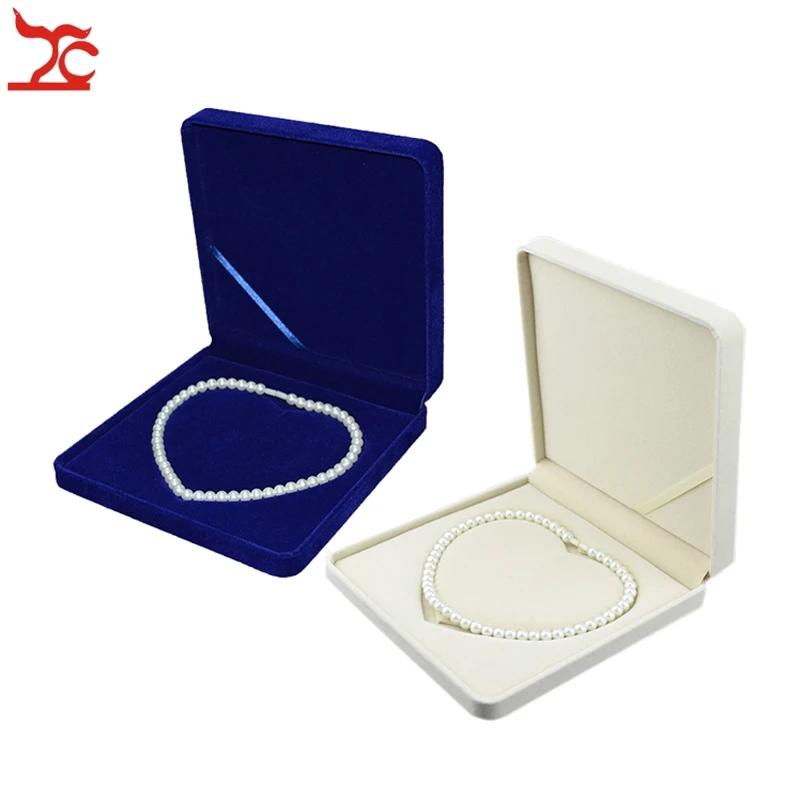 Fine Lady Jewelry Display Case Blue Velvet Pearl Necklace Present Case Beige Bead Necklace Storage Display Gift Box 19*19*4CM