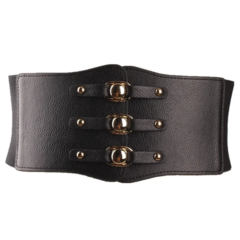 

New Fashion Lady red Waist Belt Extra Wide Corset gold Metal Ring Dress Cummerbund Black PU leather Elastic Waistband for dress