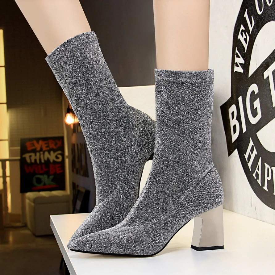

2018 Plus Size 40 Women 7cm High Heels Ankle Sock Boots Winter Boots Fetish Pointed Toe Knight Boots Lady Silver Glitter Shoes