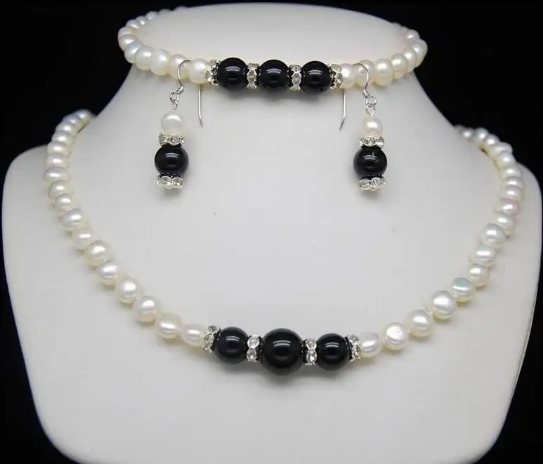 

Free Shipping >>>> Excellent Lovely 8-9mm white Pearl Black agate Necklaces Bracelets Earrings set