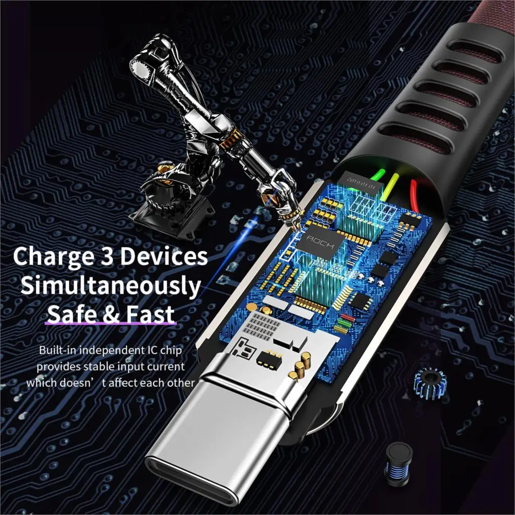 Зарядный кабель Rock 3 в 1 USB 120 А для подсветки Micro Type C iPhone 8 X Xiaomi Samsung S8 быстрая