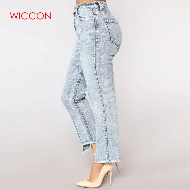 

Vintage Light Blue Asymmetric Mom Jeans For Women Elegant Ladies Asymmetrical Fringe Jeans Denim Pants Plus Size