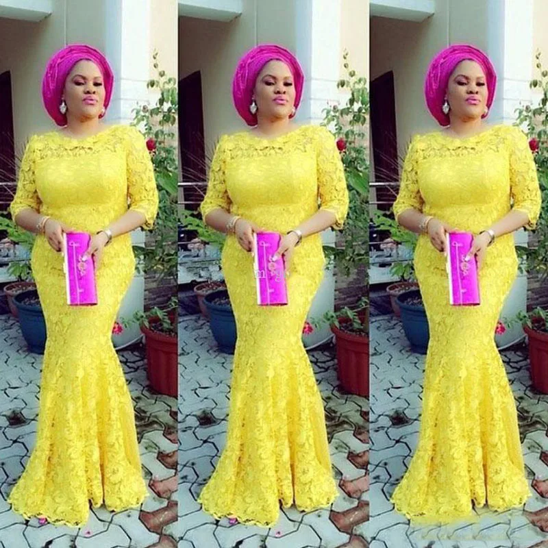

2018 Nigerian Yellow Mermaid Evening Gowns Half Sleeve African Prom Gowns Elegant Full Lace Long Party Dresses for Women