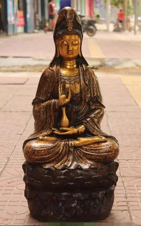 

S2511 27" Chinese Bronze Gilt Kwan-yin Guanyin Hold Vase lianhua Buddha Statue