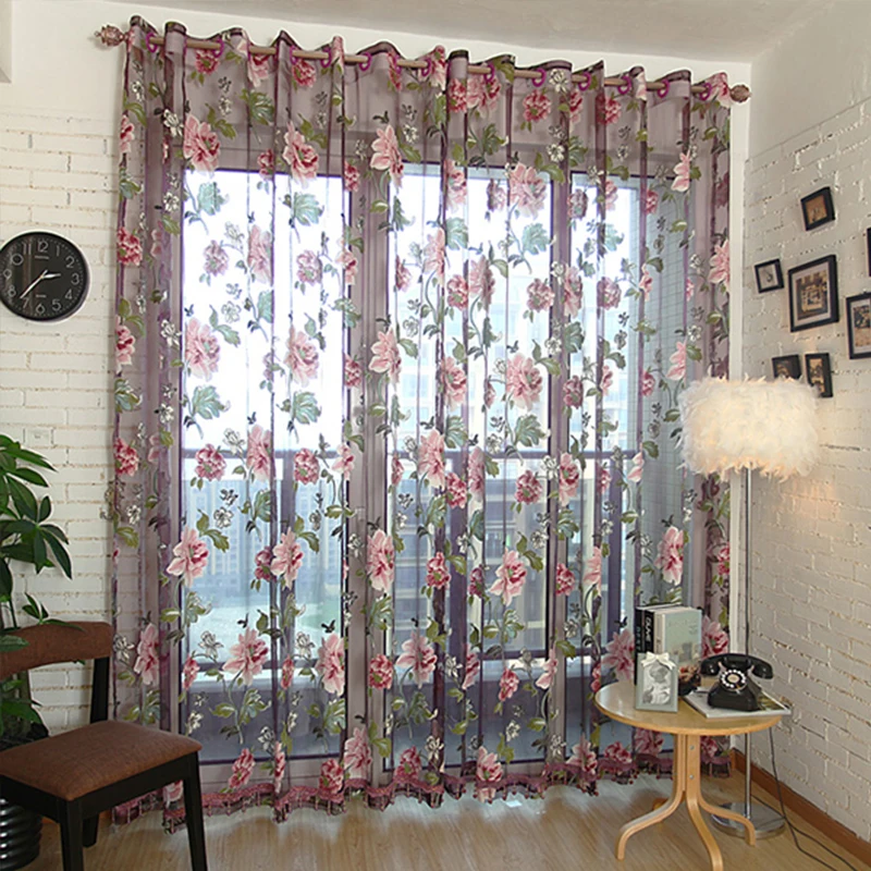 

Purple Floral Tulle In Sheer Curtains for Living Room The Bedroom Kitchen Shade Window Treatment Curtain Blinds Panel