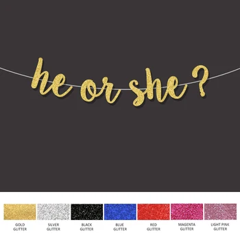 

He or she  banner boy girl gender reveal party decorations backdrop happy birthday baby shower party decor gold glitter signs