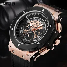 Megir Mens Chronographe Lumineux Bracelet En Cuir Quartz Montres Mode Étanche Militaire Sport Montre pour Homme 2035 Noir