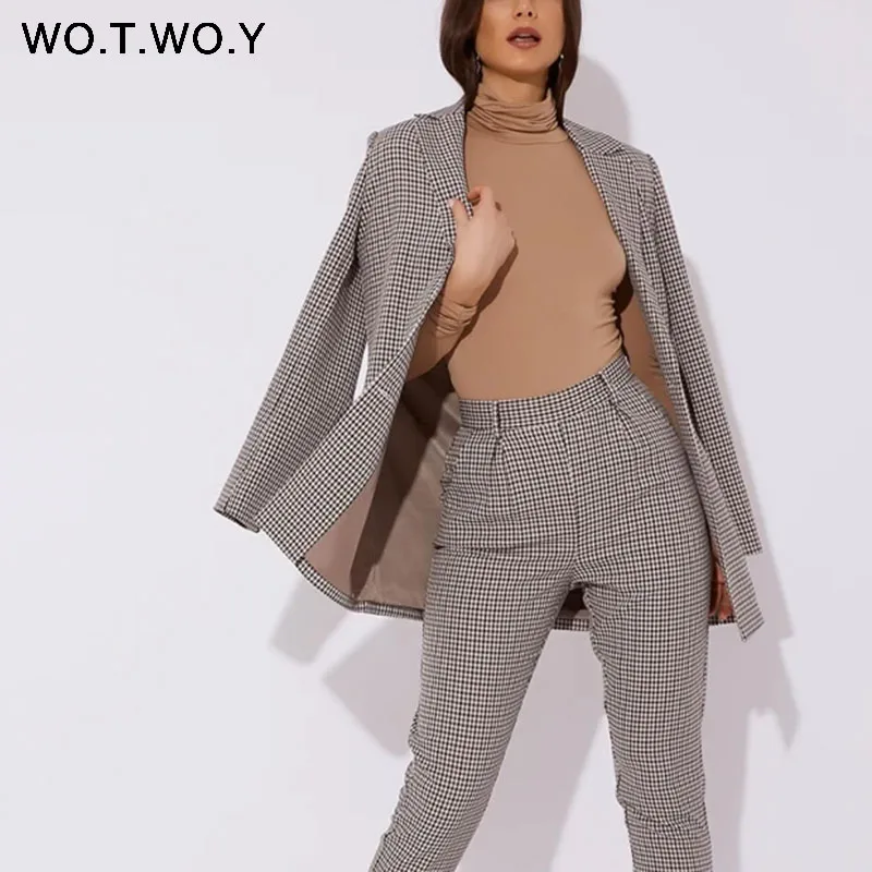 

WOTWOY Autumn Winter Plaid Blazer Women Double Breasted Pocket Office Ladies Suit Coat Vintage Elegant Jacket Outerwear Female
