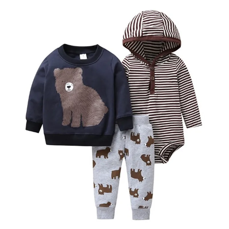 2019 New 3pcs Set Baby Boys Girls Cartoon T-shirt long Sleeved bodysuit Print Pants PP Cotton Newborn stripe Clothing Sets | Детская