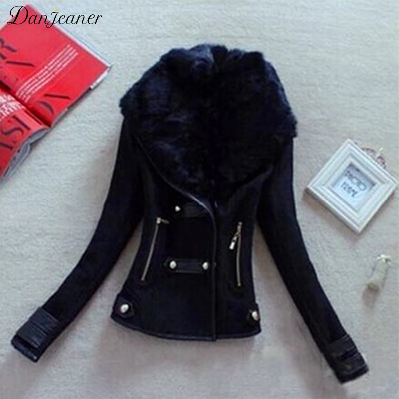 

Danjeaner Women Winter Elegant Wool Collar Slim Fit Short Jacket Coat Large Size Thick Warm Basic Jackets Female Outwear Coats