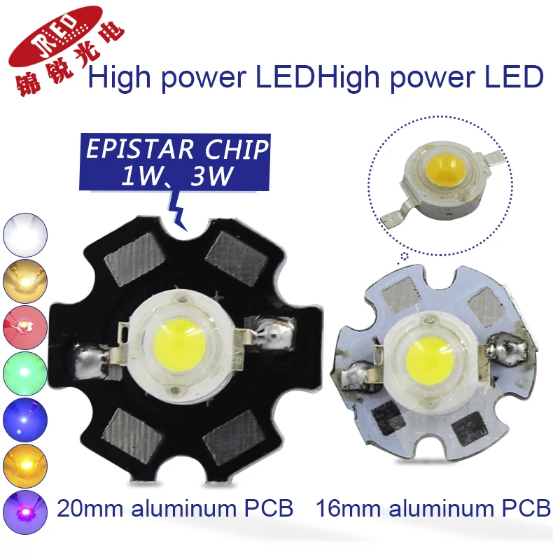 

freeshipping!10pcs/lot 1W/3w LED Bulbs High Powerwhite 6500k warmwhite 3500k Red Green Blue Yellow 90-120Lm/w +Aluminum plate