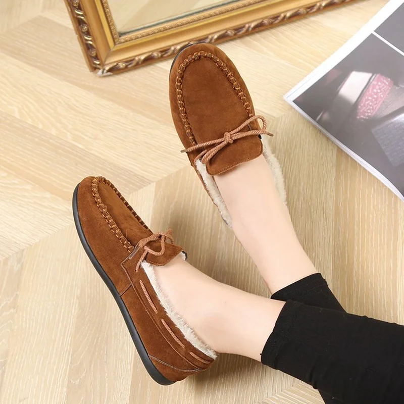 New Lace Up Autumn Winter Women Flats Simple Sewing Warm Fur Comfort Cotton Shoes Woman Loafers Sweet Single Shoes Size 35-40