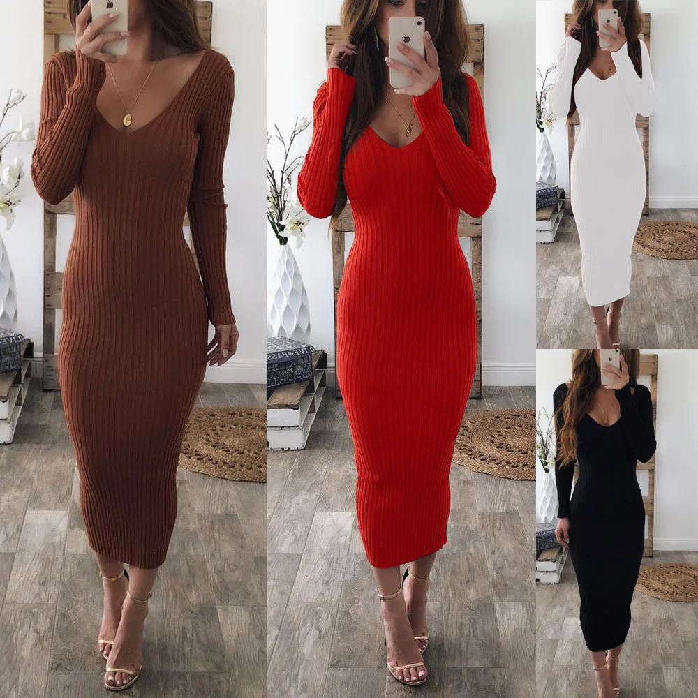 

2019 Dress Women Autumn Winter stripe solid Dresses V-neck Sexy Elegant Thin Bodycon Knitted Slim Long Sleeve Pencil Vesidos