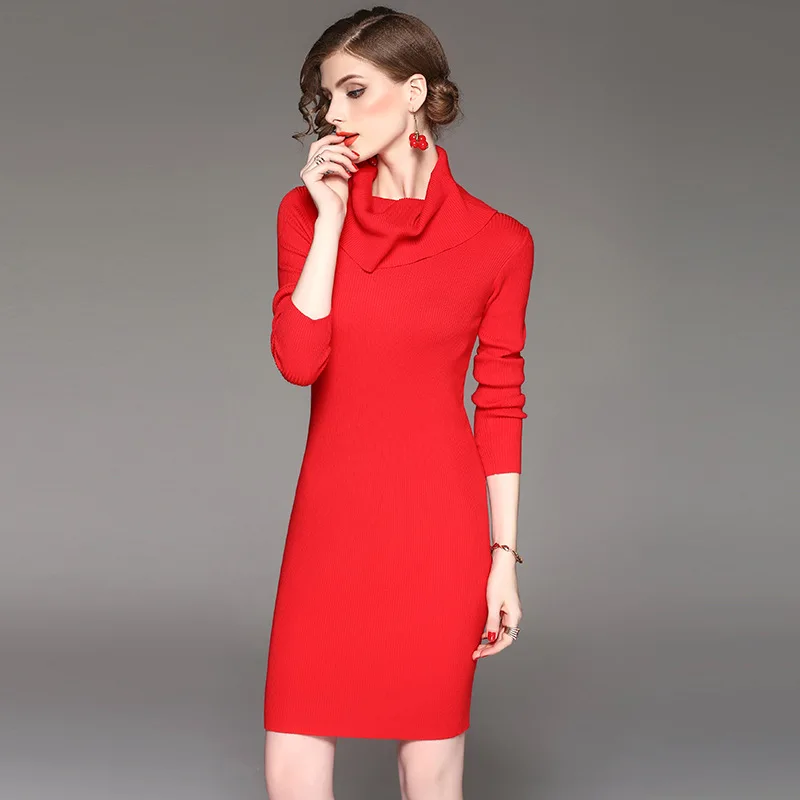 New 2017 Autumn Winter Women s Fashion Slim Elastic Turtleneck Long Sleeve Knitted Sweater Dress Ladies