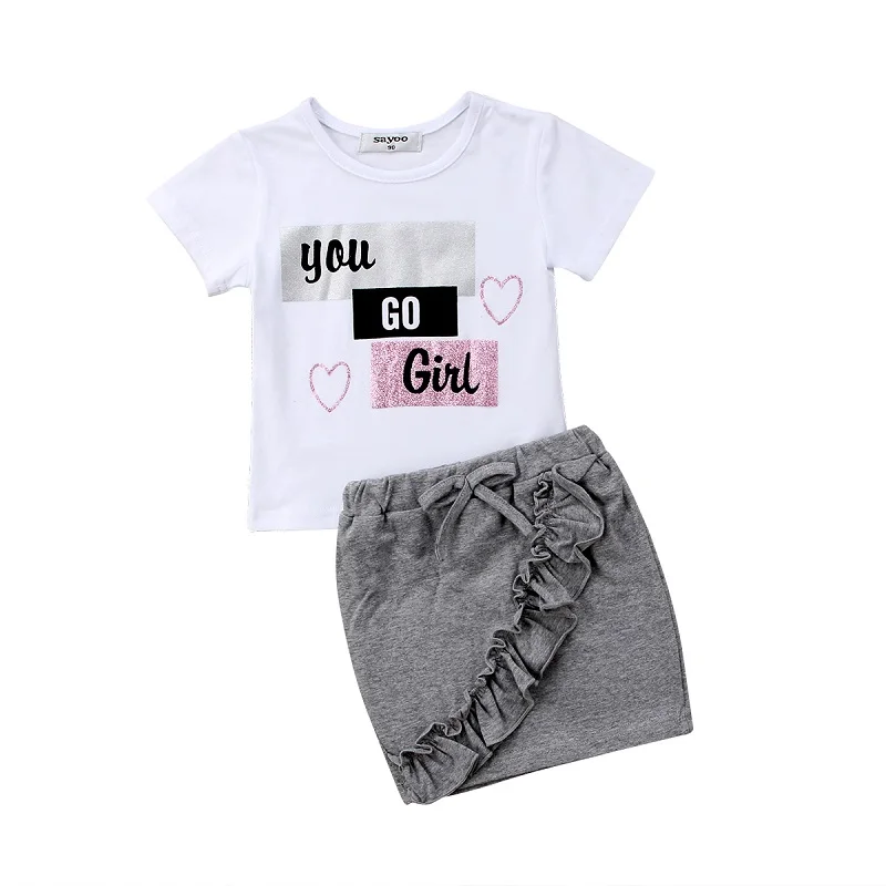 

2018 Brand New Toddler Infant Child Kid Baby Girl Tops T-shirt Pencil Skirts 2Pcs Outfit Ruffled Shortsleeve Clothes Set 1-5T