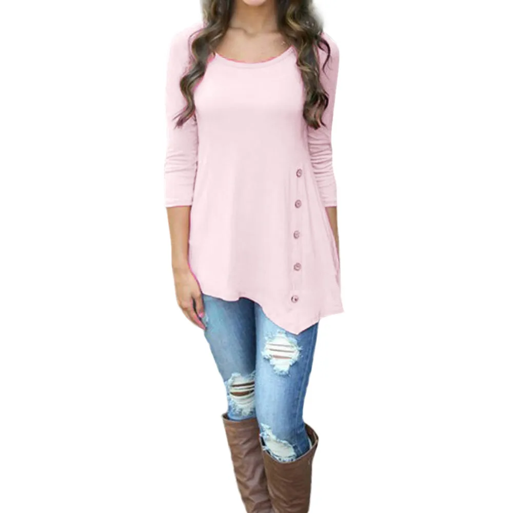 

FREE OSTRICH Women Plus size O neck Long Sleeve Loose Button Roupas Femininas solid color Tunic Asymmetrical Shirt C2035