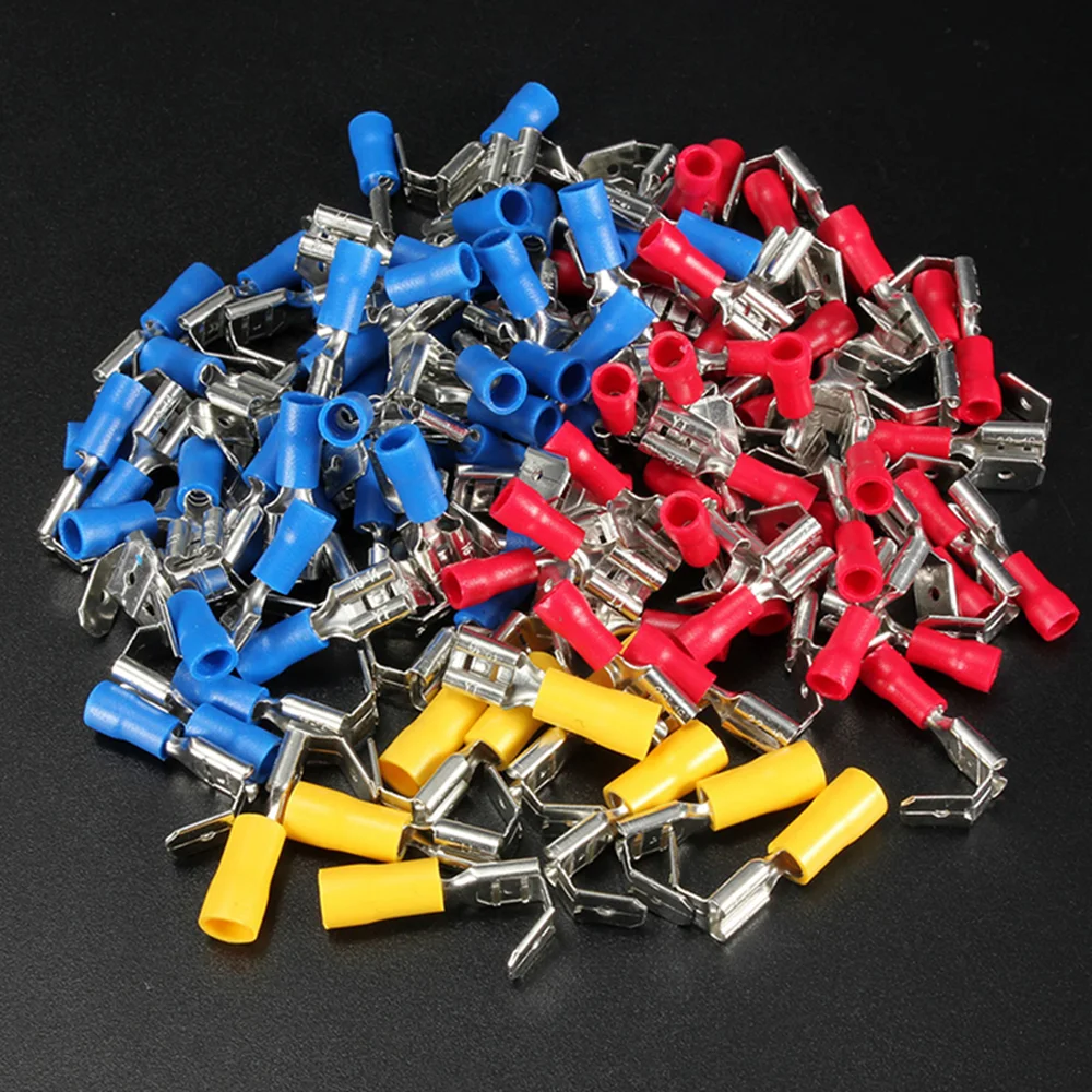 

100pcs 10-22AWG Insulated Piggyback Spade Crimp Electrical Red Blue Yellow Piggyback Terminals Connectors Assorted Kit Mayitr