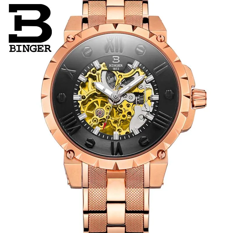 

BINGER movement 3D stereoscopic surface Men's luxury waterproof watches automatic mechanical Watch gold steel / leather