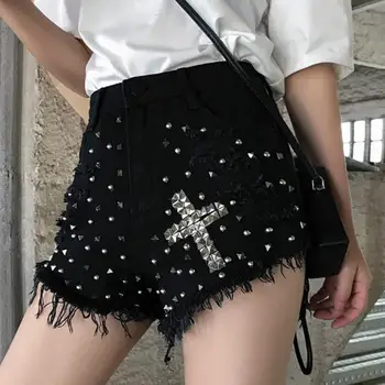 

2019 new high waist hole hot pants rivet denim short