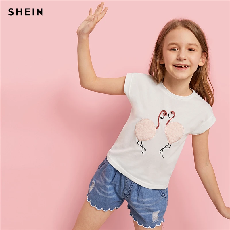 SHEIN/Милая повседневная детская футболка с принтом фламинго и помпонами; топы для девочек; коллекция года; летние футболки без рукавов для девочек