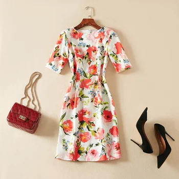 

Hot Sale Flower Print Women Dress Fashion O-Neck Short Sleeve Casual Dresses D4165