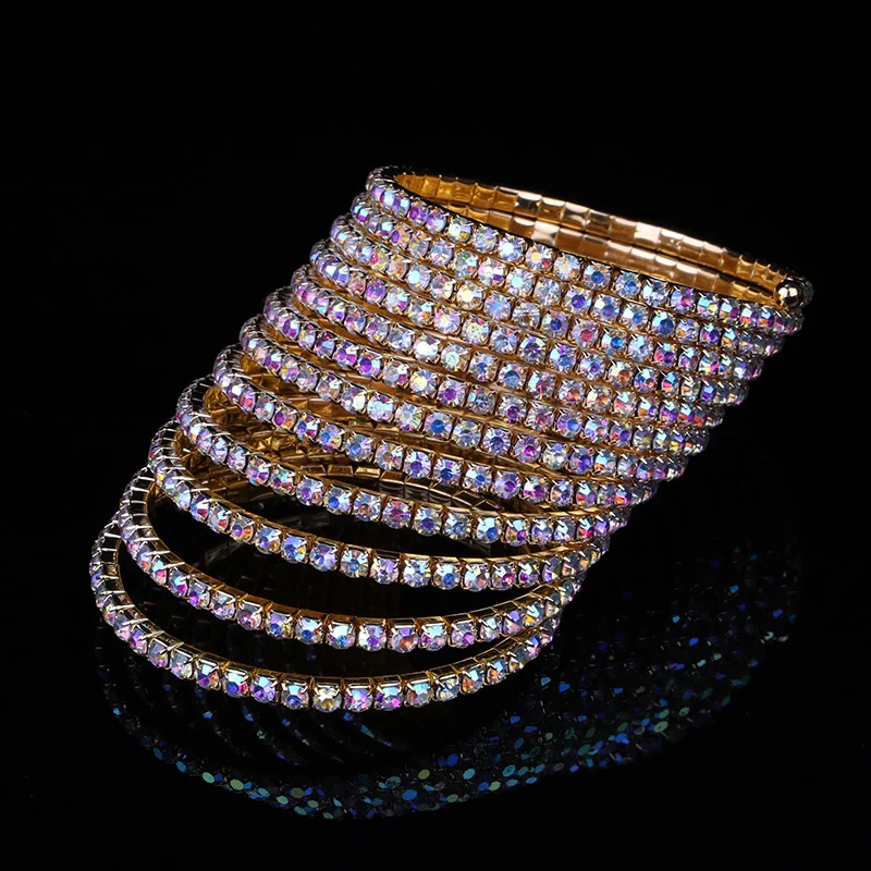 TDQUEEN 12 Rows AB Crystal Bangles Silver Plated and Gold Color Women Rhinestone Bangle Spiral Upper Arm Bracelets (6)
