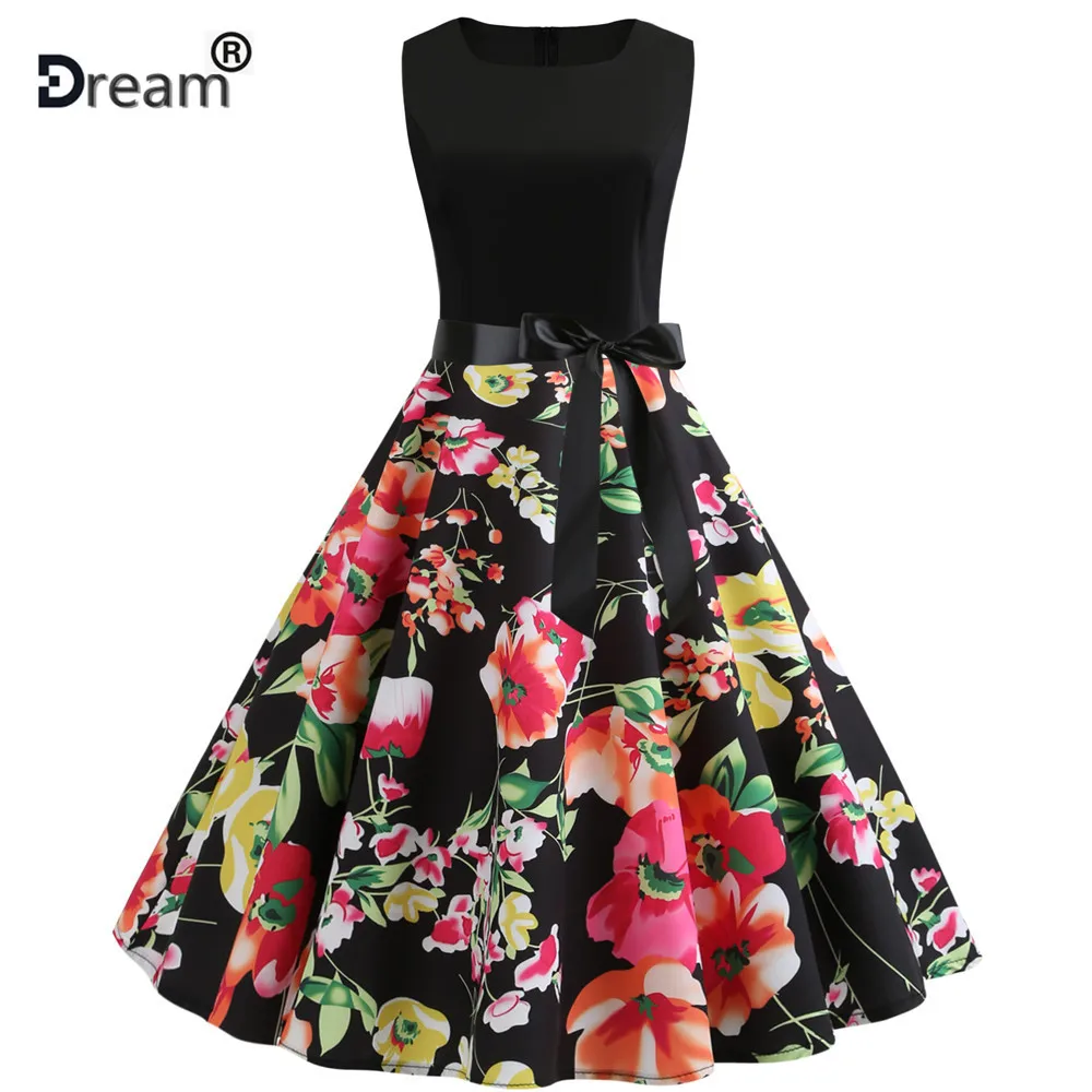 

2019 Women Sexy Sleeveless Party Dresses Women Summer Floral Print Slim Casual Beach Dresses Plus Size 50s Vintage Dress Robe