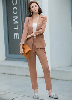 

2019 Womens Office Striped Business Suits Feminina Blazer And Pants Blazer Casual 2 Piece Set For Work Spring Autumn Wear L1628