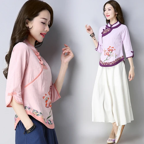 

2018 Spring And Autumn Vintage Traditional Chinese Blouse Patchwork Cotton And Linen Ethnic Shirt