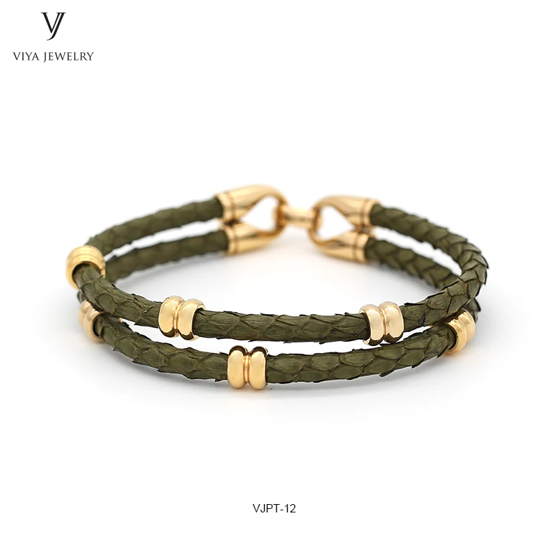GENUINE PYTHON LEATHER MEN BRACELET WITH GOLD COLOR STAINLESS STEEL BEADS CLASP,BEST GIFT FOR MATCH UP WATCH (4)