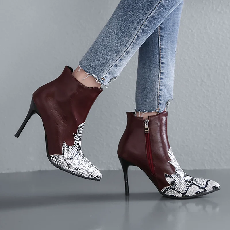 

Snake print Winter Shoes women Plus Size 43 Thin Heel Point Ankle Boots Female Short Plush Zipper Cozy Boots for women