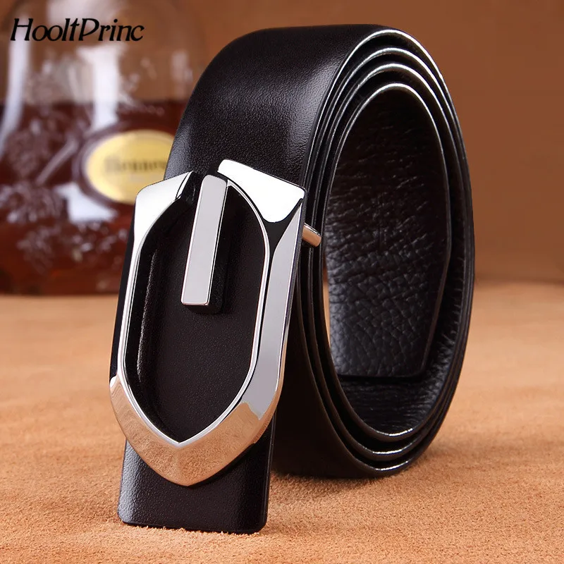 HooltPrinc NEW Smooth buckle men belt Cowhide leather fashion luxury high quality alloy length can be adjusted belts for men