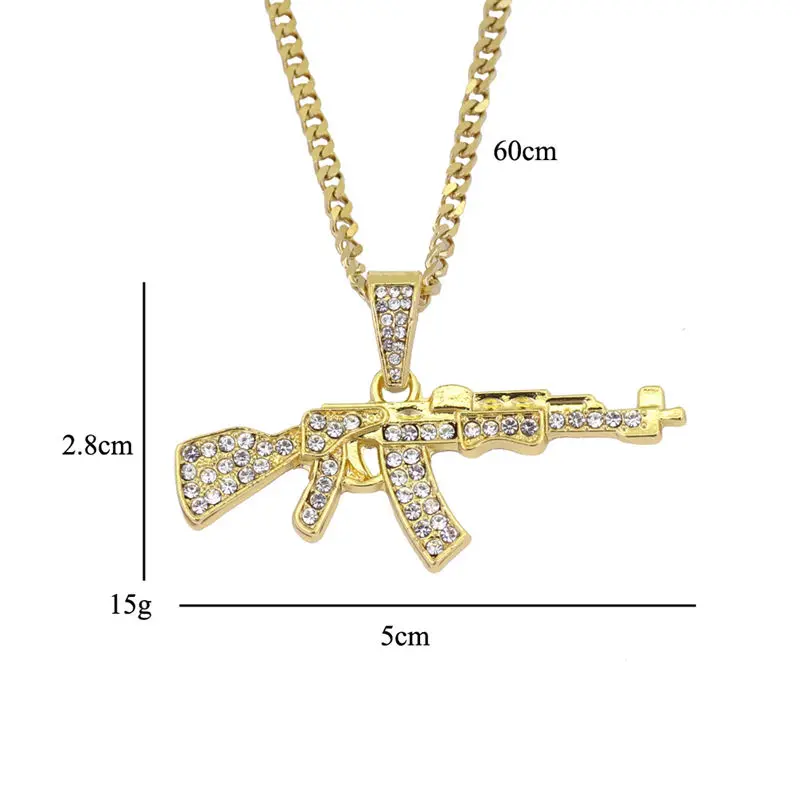 Bling bling AK-47 вращающийся пистолет-Пистолет Хип-хоп золото серебро кристалл кулон ожерелье, Льдом Из кубинской цепи ювелирные изделия