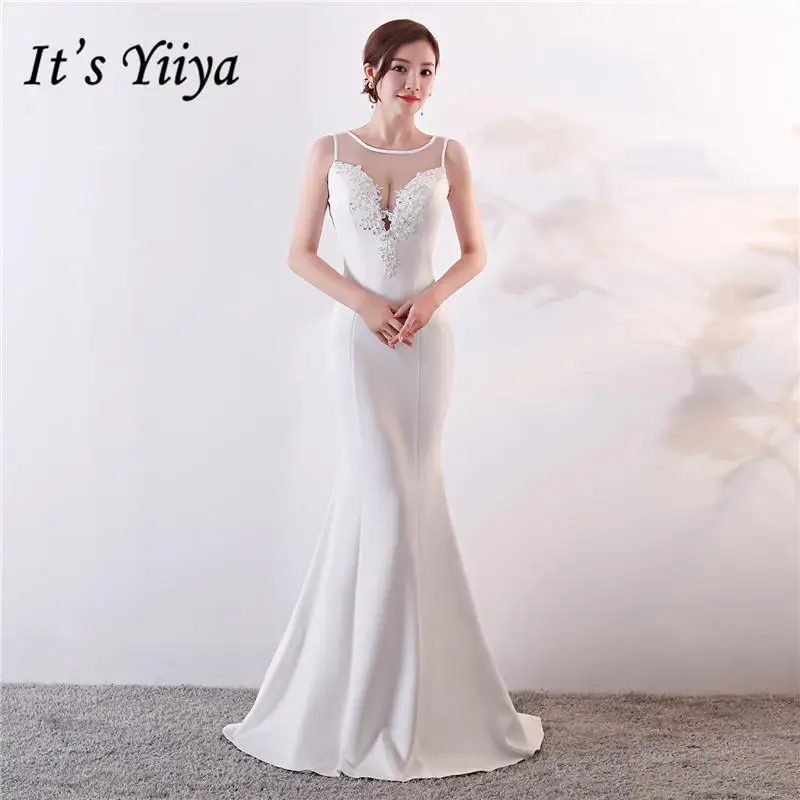 

It's YiiYa Evening Dresses White O-neck Beading Back Big V design Sleeveless Floor-length Trumpet Dinner Vestidos CQX027 Gowns