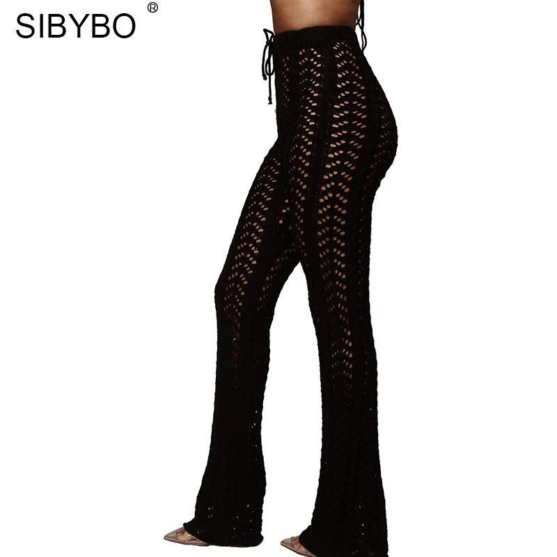 Sibybo, выдалбливают, вязанные, с высокой талией, сексуальные штаны, для женщин, модные, вязанные крючком, свободные, осенние брюки, для женщин, хлопковые, повседневные, женские штаны