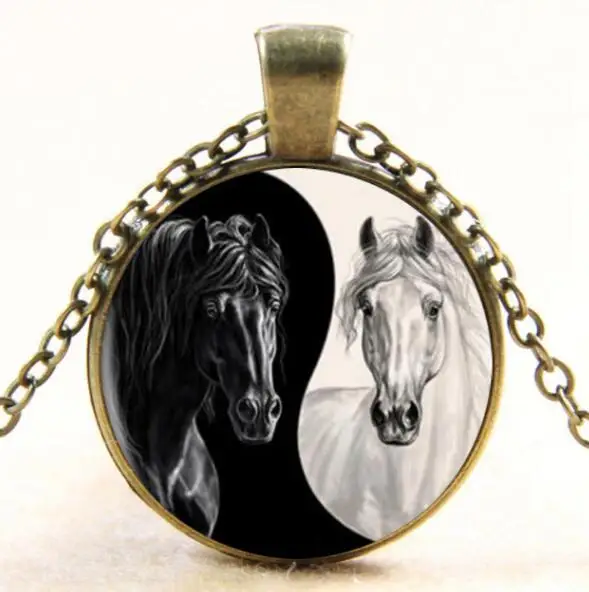 Vintage Yin Yang Horse Art Glass Dome Photo Pendant Necklace Yin Yang