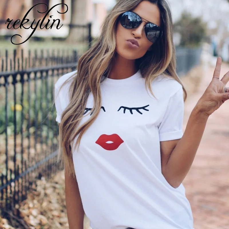 2019 رمش أحمر شفاه بلايز طباعة خطابات الإناث تي شيرت زائد حجم الصيف المحملة قميص فام المتناثرة قميص المرأة قمم XS-4XL