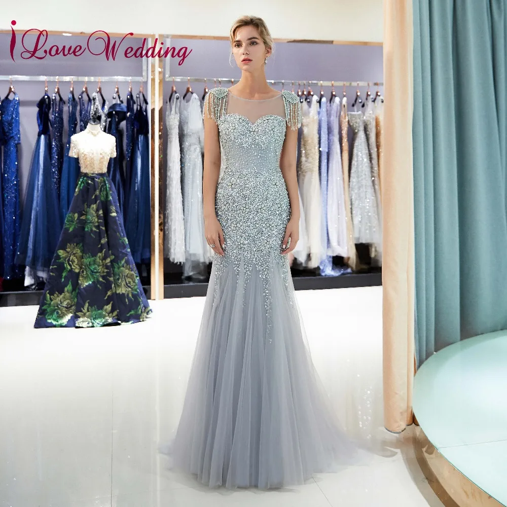 

iLoveWedding Most Beautiful 2018 Heavy Beadings Silver Tulle Custom made Mermaid Sheer Back Sexy Long Evening Gowns Abiye