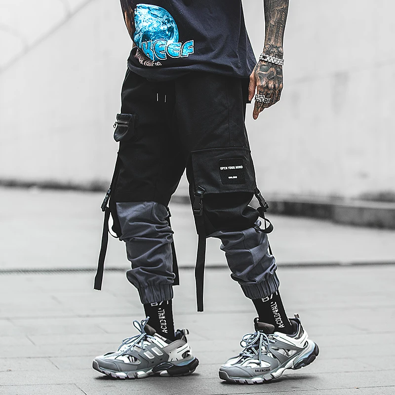 

Pachwork Cotton Cargo Pants 2019 Streetwear Hip Hop Ribbons Joggers Pants Men Japanese Style Black Casual Track Pants Fashions