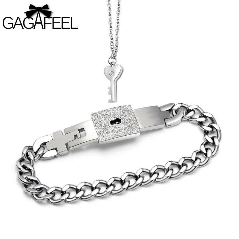 

GAGAFEEL Concentric Lock Jewelry Set Stainless Steel Man Bracelet Bangle Women Necklace Key Clasp For Lover Free Dropshipping
