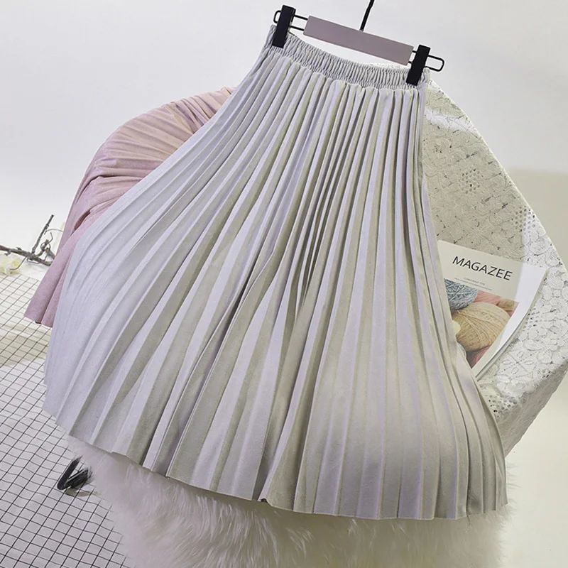 Aonibeier 65 см/75 см/85 см, женские юбки из искусственной замши с высокой талией, осенне-зимняя модная плиссированная юбка с эластичной резинкой на талии, повседневные юбки - Цвет: Light Grey