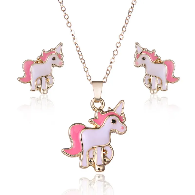 Розовый лошадь комплекты украшений для женщин девочек Дети сплав Животное украшение серьги ожерелья Свадебные аксессуары