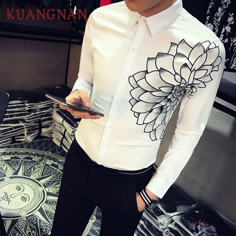 

KUANGNAN England Style Floral Men Shirt Long Sleeve Casual Slim Fit Streetwear Men Shirt Man White Casual Shirt Men Clothes 2018