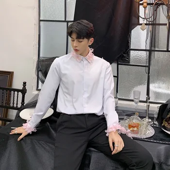 

Male Dress Shirts Stage Costumes Lover Clothes Men Pink Flower Long Sleeve Casual White Shirts