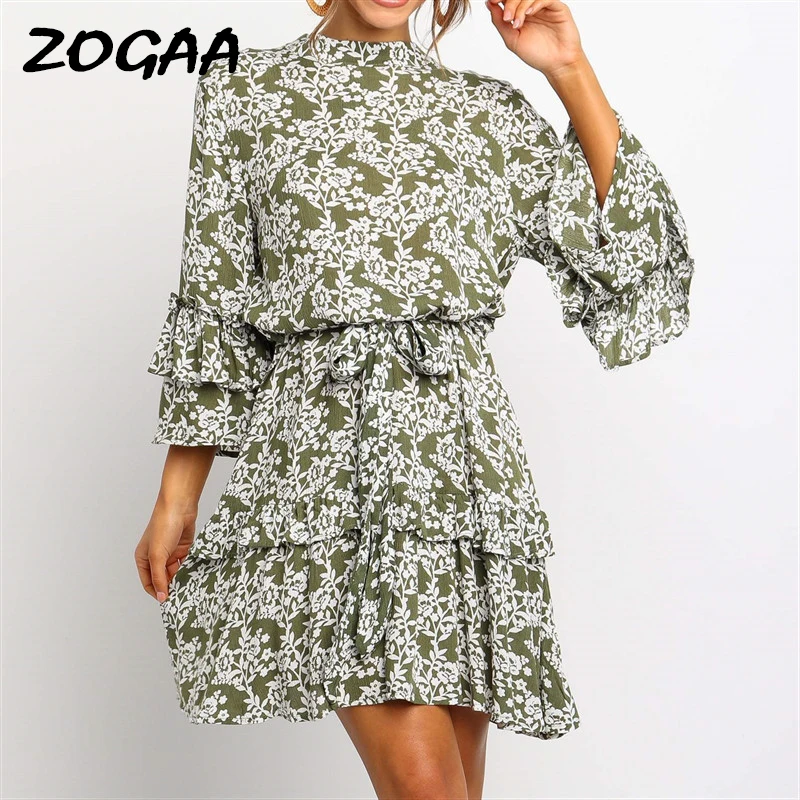 

Women Dress Vestidos Boho Ruffles 2019 Summer Three Quarter Sleeve Lace Up Casual Beach Dress Party Mini Dress Robe Femme