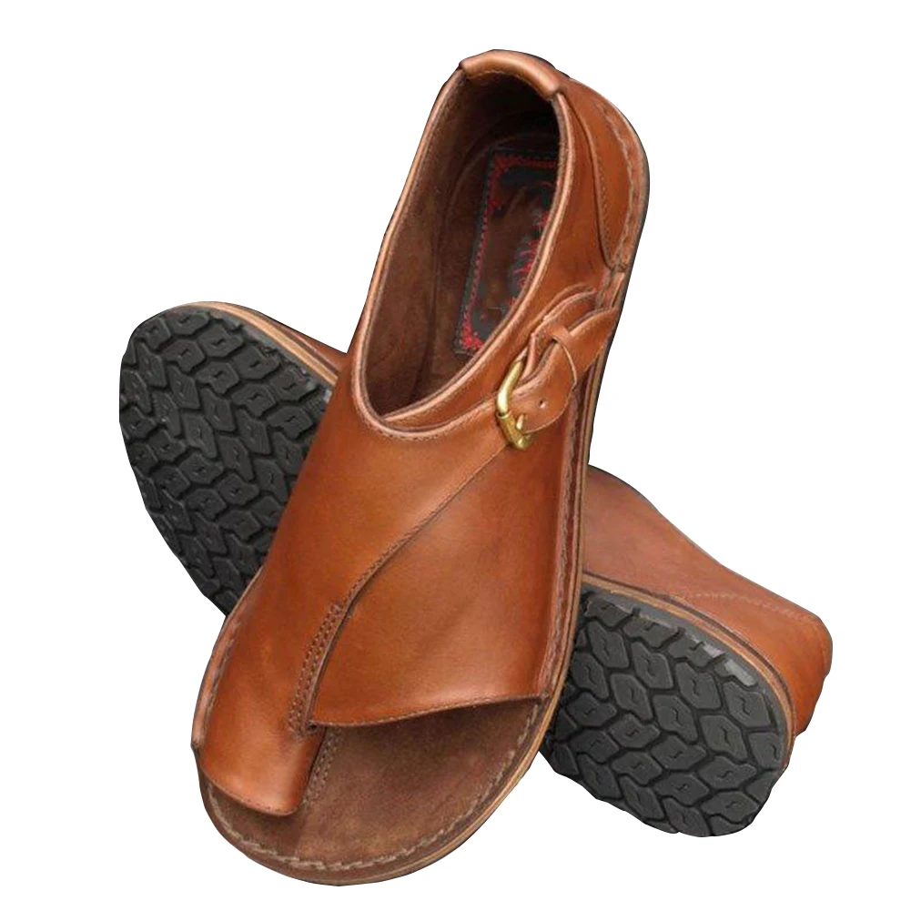 

Retro Solid Color Lightweight Daily Antiskid Women Sandals Buckle Closure Casual Summer Clip Toe Wearable PU Soft Sole Flat