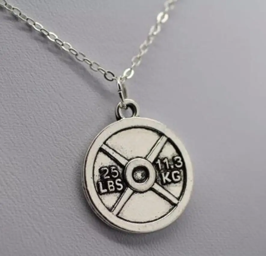 1Pcs Fashion Vintage Silver 25Lbs Weight Plate NECKLACE Fitness