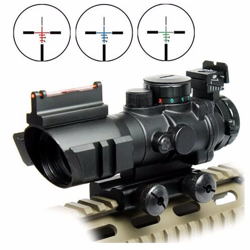 

Tactical 4x32 Gun Riflescope 20mm Dovetail Hunting Rifle Scope with Red/Green Reticle Fiber Optic Sight Scope